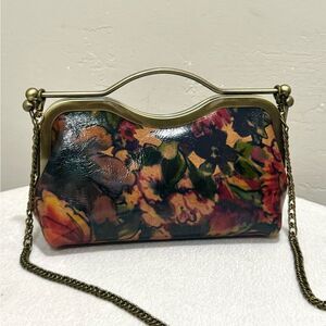 Floral Print Cowhide Leather Handmade Double Kisslock Clutch Bag, Crossbody
